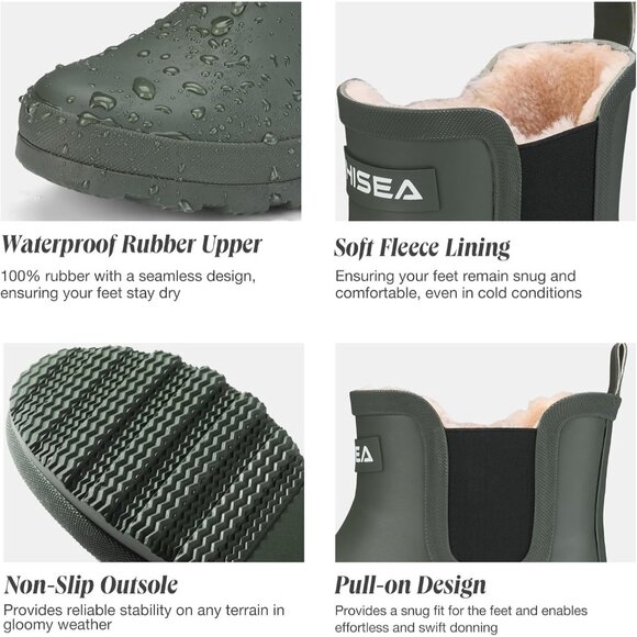⚡Women's Green Pull On Plush Rain Ankle Snow Boots Waterproof Chelsea Rubber - Picture 6 of 7